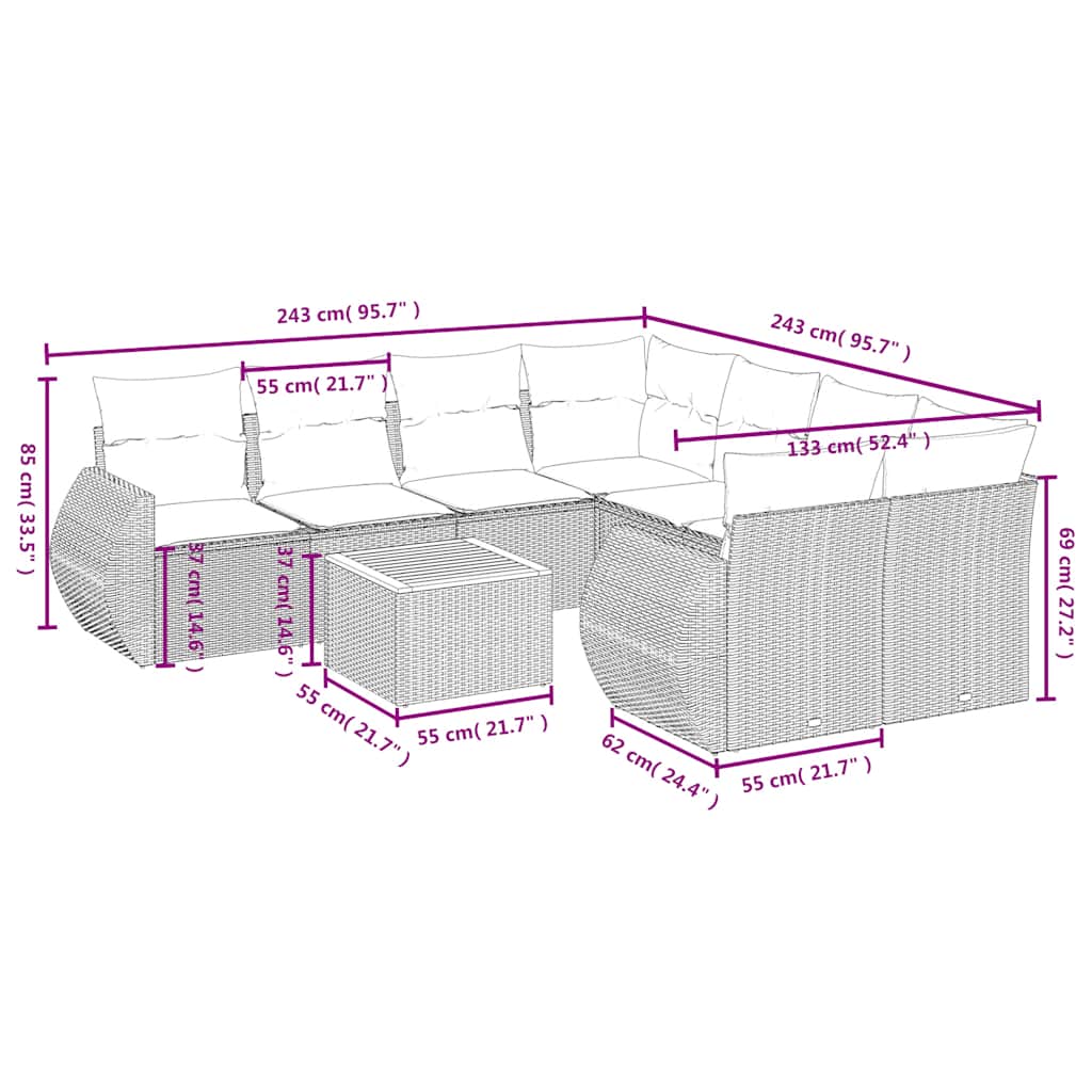 9-teiliges Gartensofa-Set mit Kissen, grau, Polyrattan