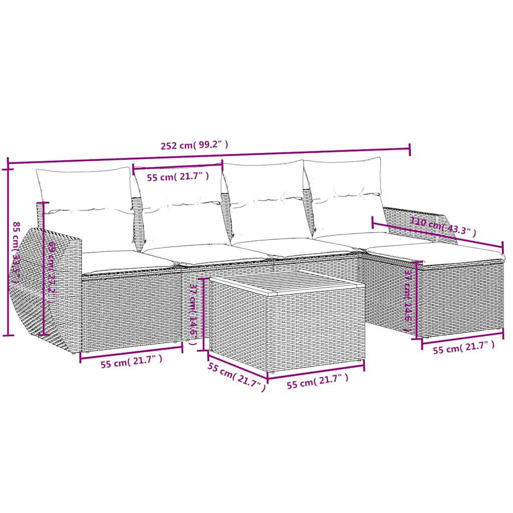 6-teiliges Gartensofa-Set mit Kissen, grau, Polyrattan
