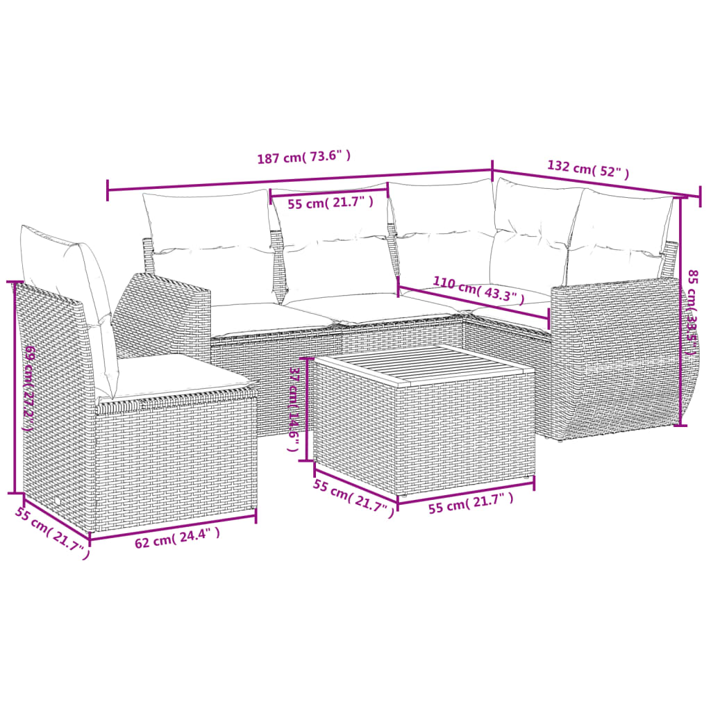 6-tlg. Garten-Sofagarnitur mit Kissen Schwarz Poly Rattan