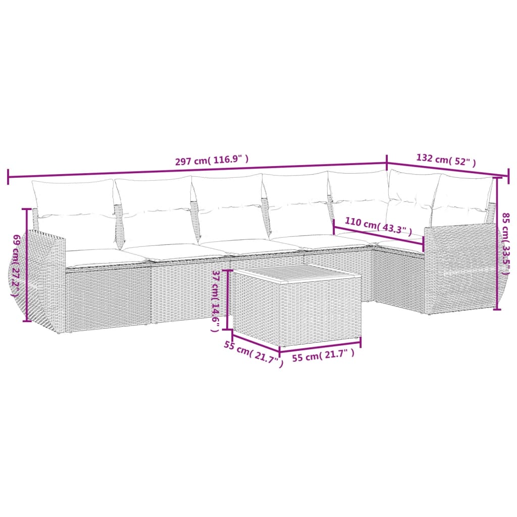 7-tlg. Garten-Sofagarnitur mit Kissen Grau Poly Rattan