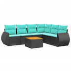 7-teiliges Gartensofa-Set mit Kissen, schwarzes Polyrattan
