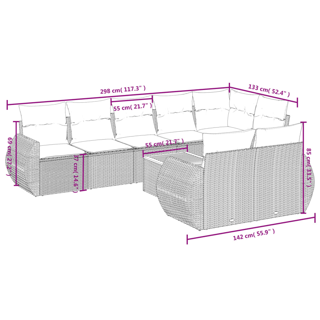 9-teiliges Gartensofa-Set mit Kissen, schwarzes Polyrattan