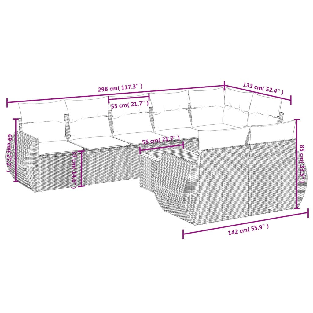 9-teiliges Gartensofa-Set mit Kissen, grau, Polyrattan