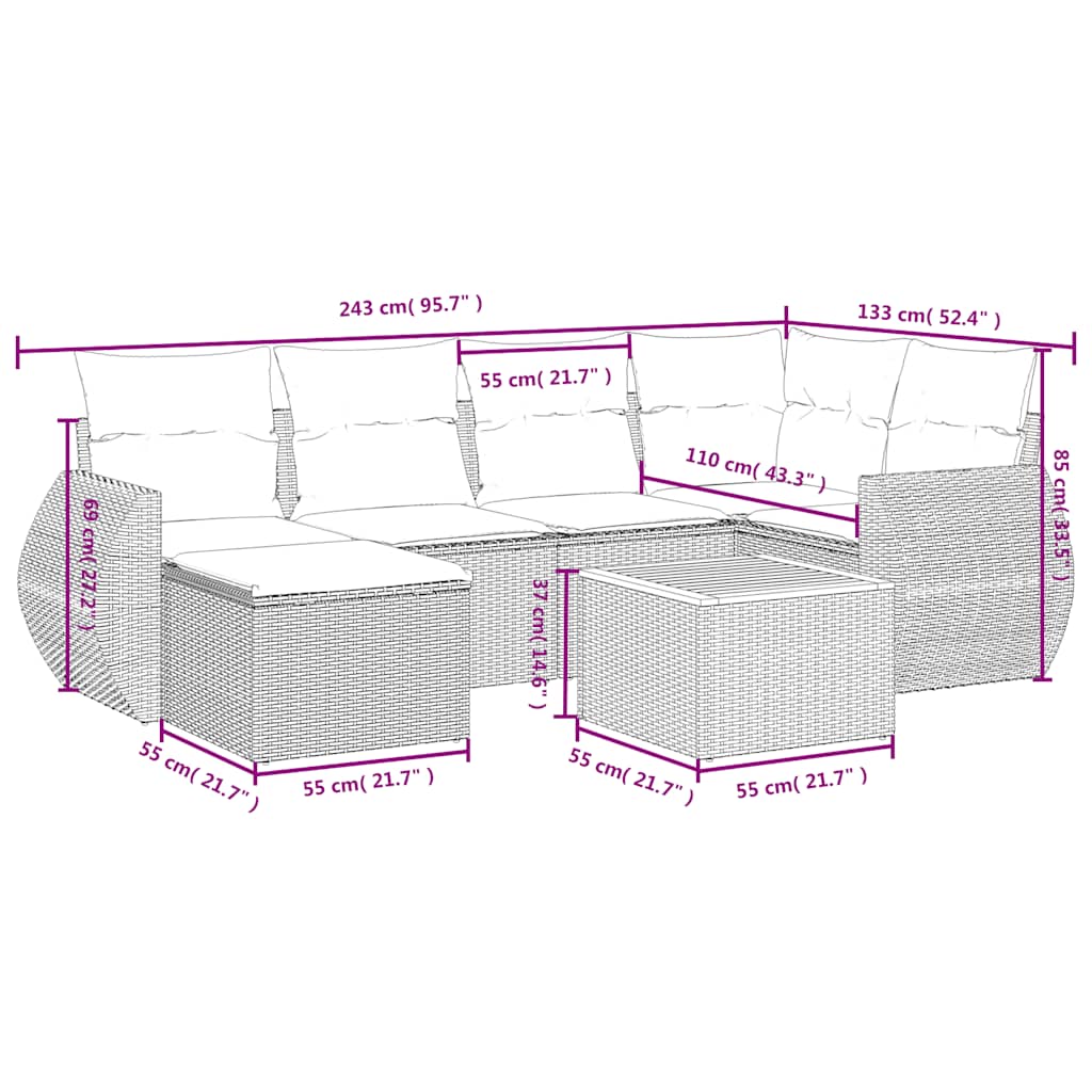 7-teiliges Gartensofa-Set mit Kissen, grau, Polyrattan