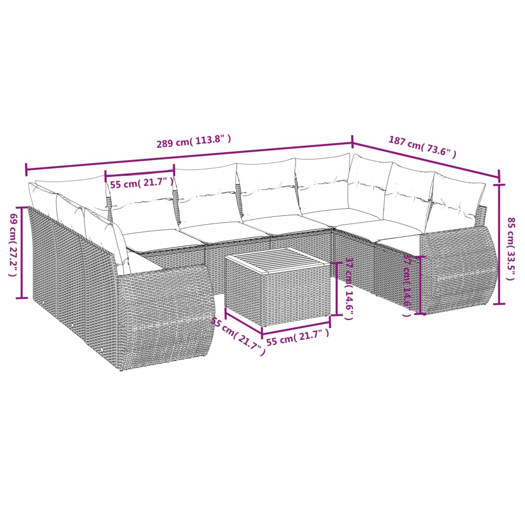 10-teiliges Gartensofa-Set mit Kissen, grau, Polyrattan