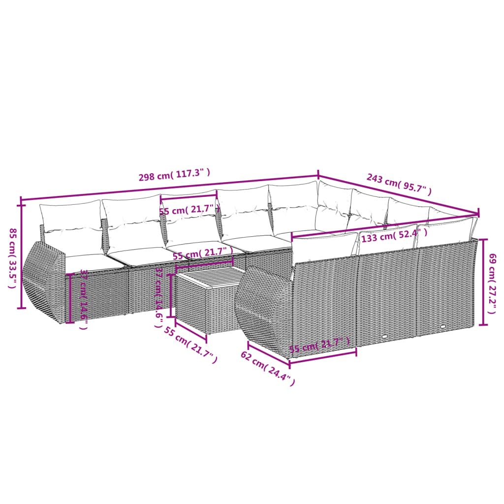 11-teiliges Gartensofa-Set mit Kissen, schwarzes Polyrattan