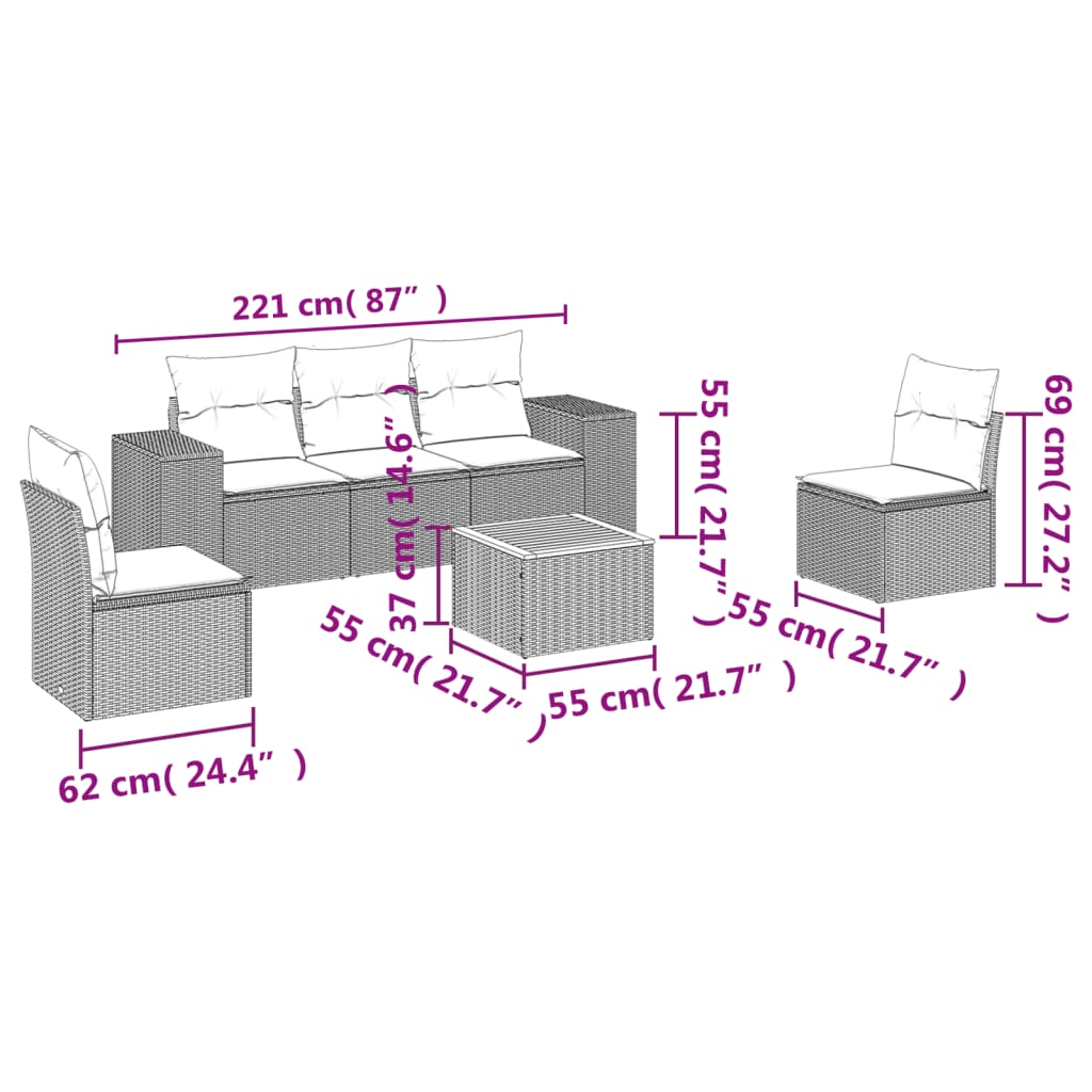 6-tlg. Garten-Sofagarnitur mit Kissen Grau Poly Rattan