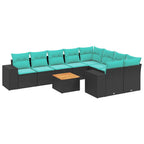 10-teiliges Gartensofa-Set mit Kissen, schwarzes Polyrattan