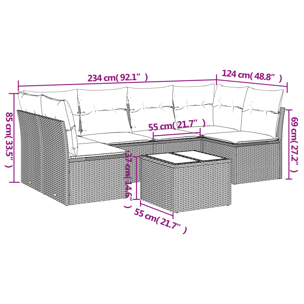 7-tlg. Garten-Sofagarnitur mit Kissen Braun Poly Rattan