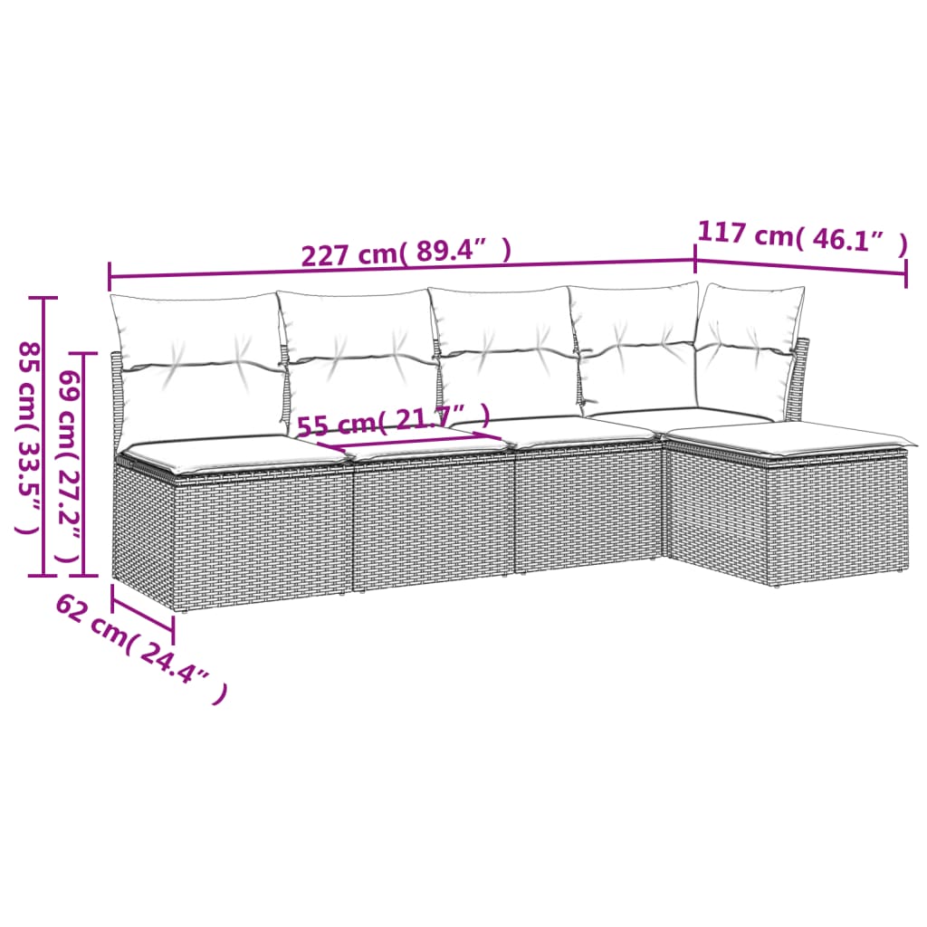 5-tlg. Garten-Sofagarnitur mit Kissen Grau Poly Rattan