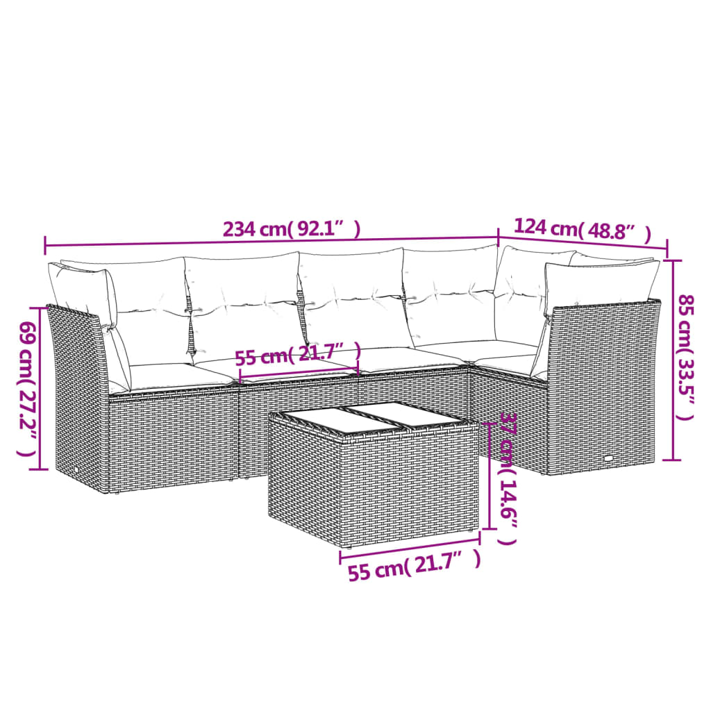 6-tlg. Garten-Sofagarnitur mit Kissen Beige Poly Rattan