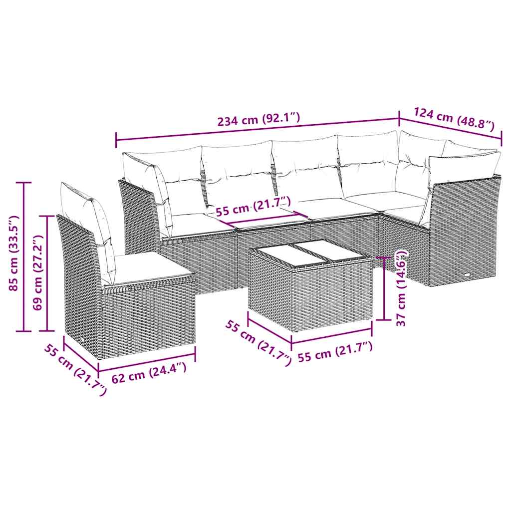 7-tlg. Garten-Sofagarnitur mit Kissen Schwarz Poly Rattan