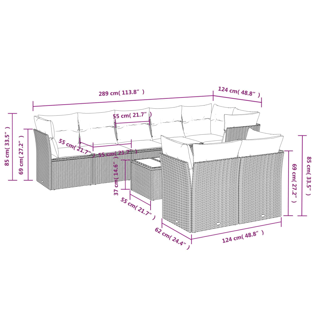 9-tlg. Garten-Sofagarnitur mit Kissen Braun Poly Rattan