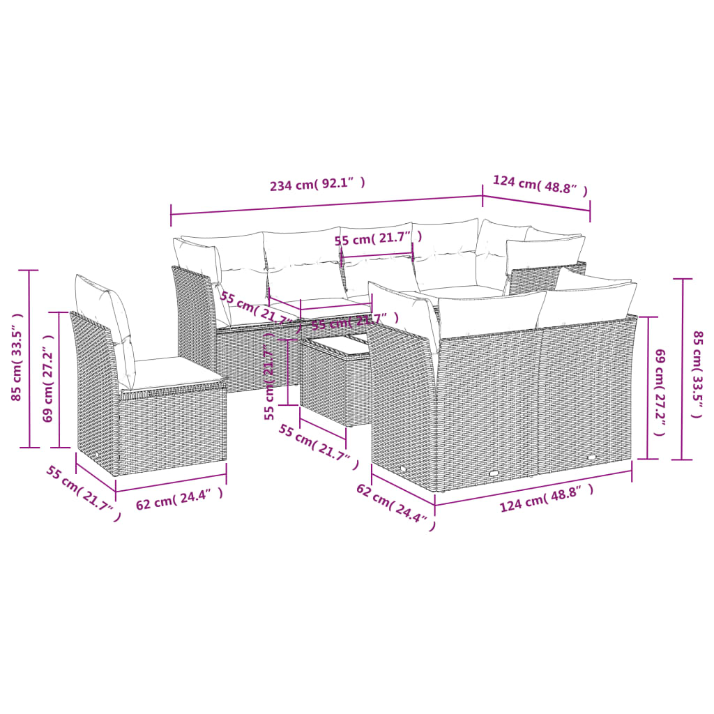 9-tlg. Garten-Sofagarnitur mit Kissen Schwarz Poly Rattan