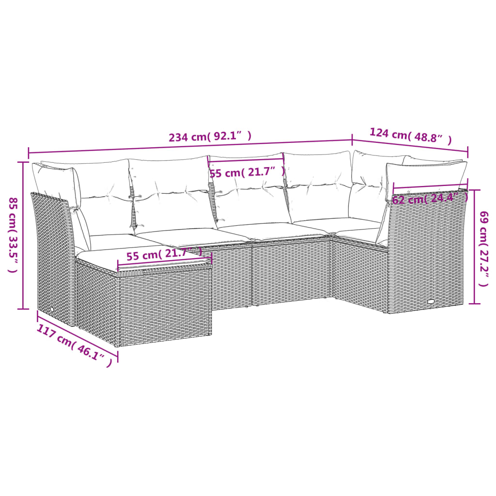 6-tlg. Garten-Sofagarnitur mit Kissen Beige Poly Rattan