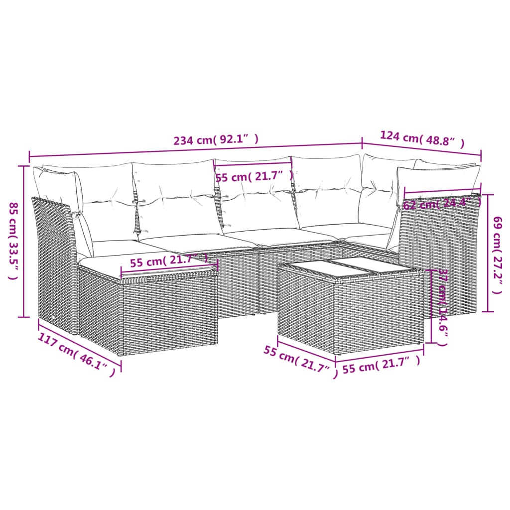 7-tlg. Garten-Sofagarnitur mit Kissen Braun Poly Rattan