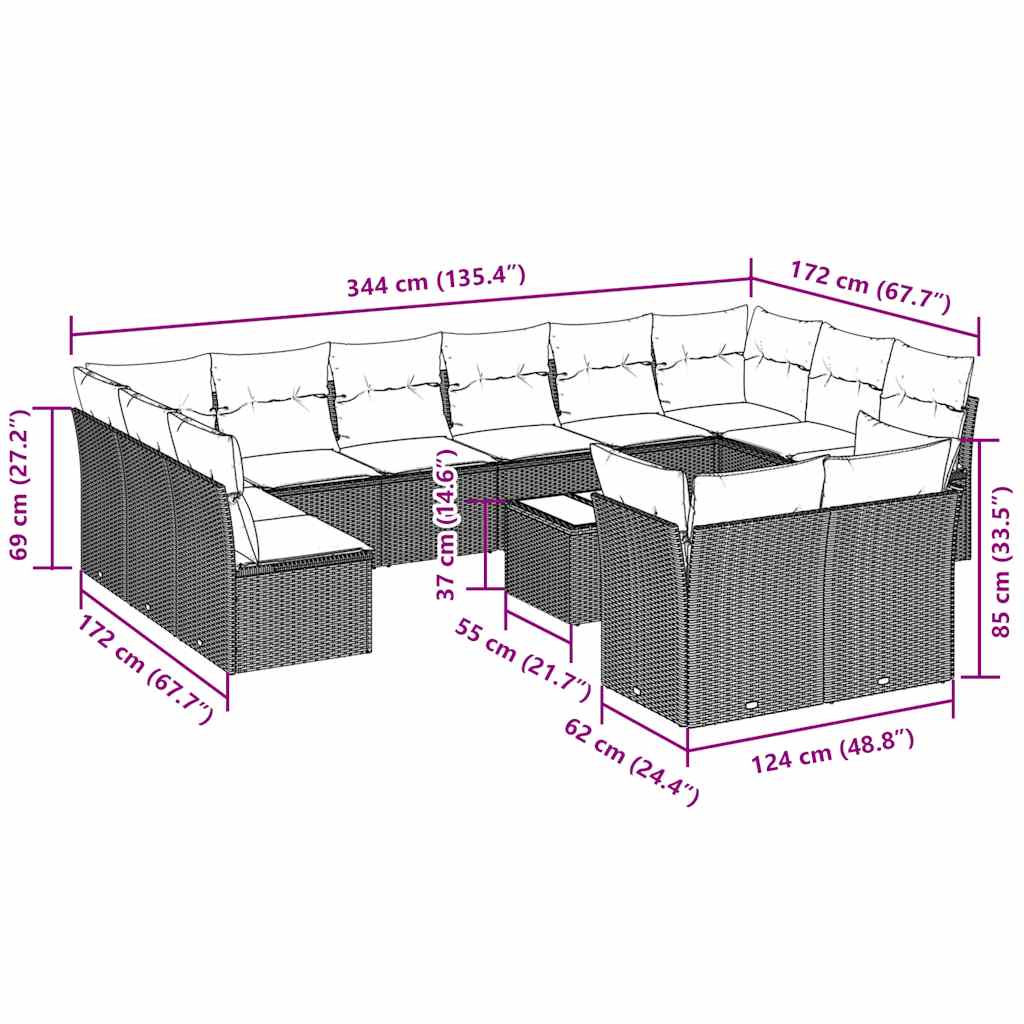 13-tlg. Garten-Sofagarnitur mit Kissen Hellgrau Poly Rattan