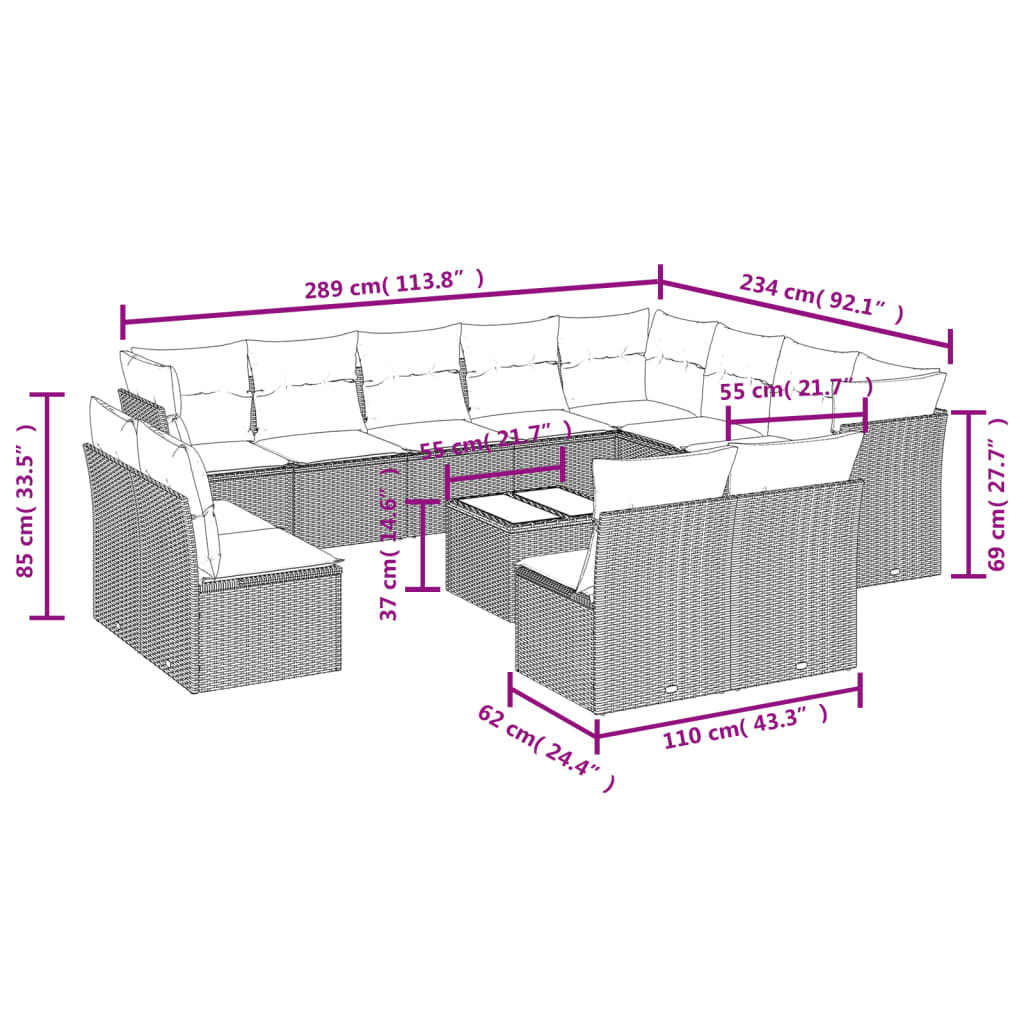 13-tlg. Garten-Sofagarnitur mit Kissen Braun Poly Rattan