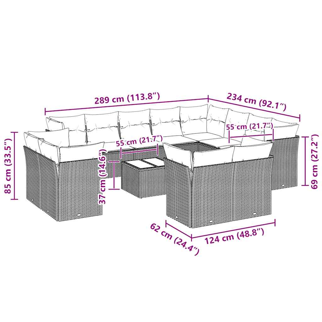 13-tlg. Garten-Sofagarnitur mit Kissen Hellgrau Poly Rattan
