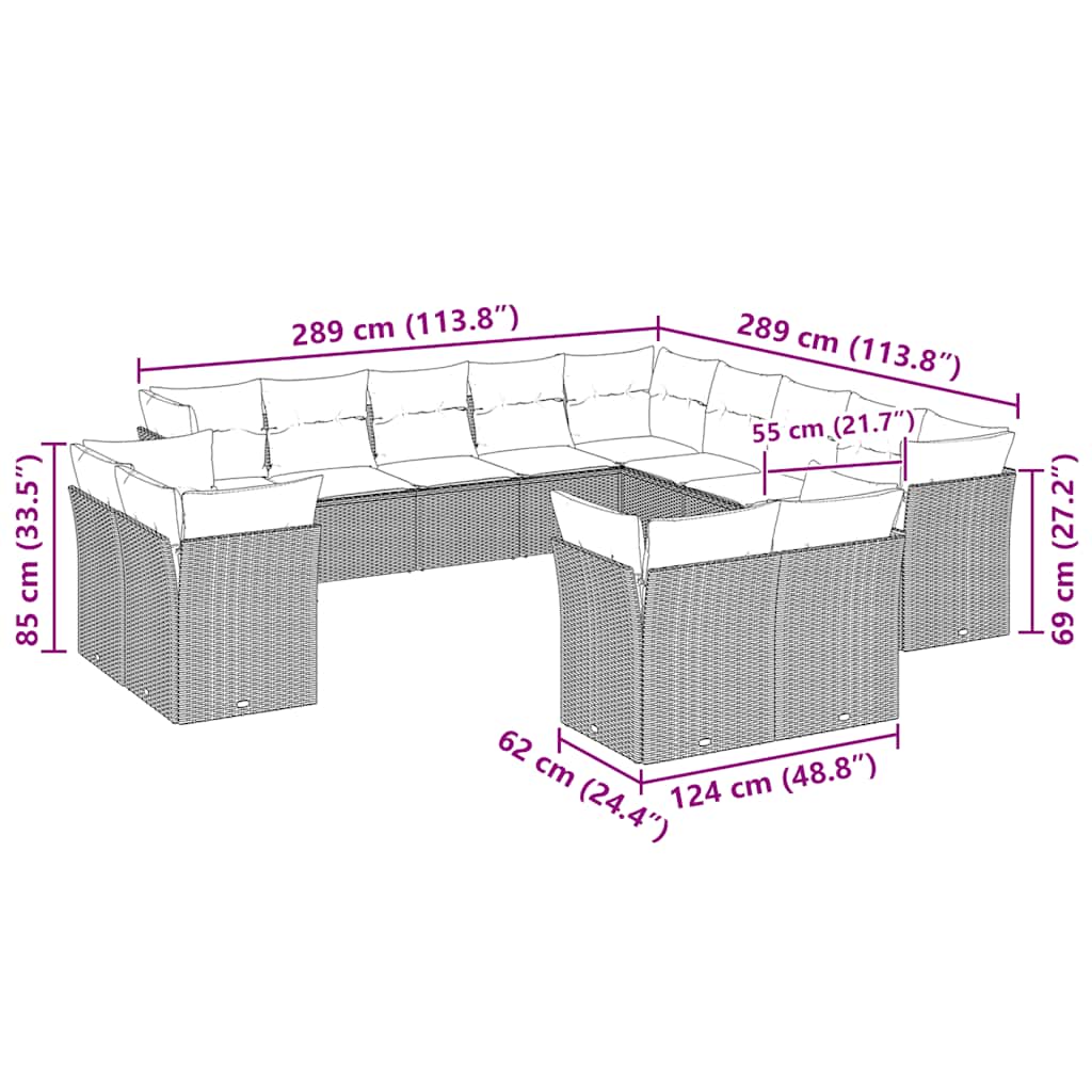 13-tlg. Garten-Sofagarnitur mit Kissen Hellgrau Poly Rattan