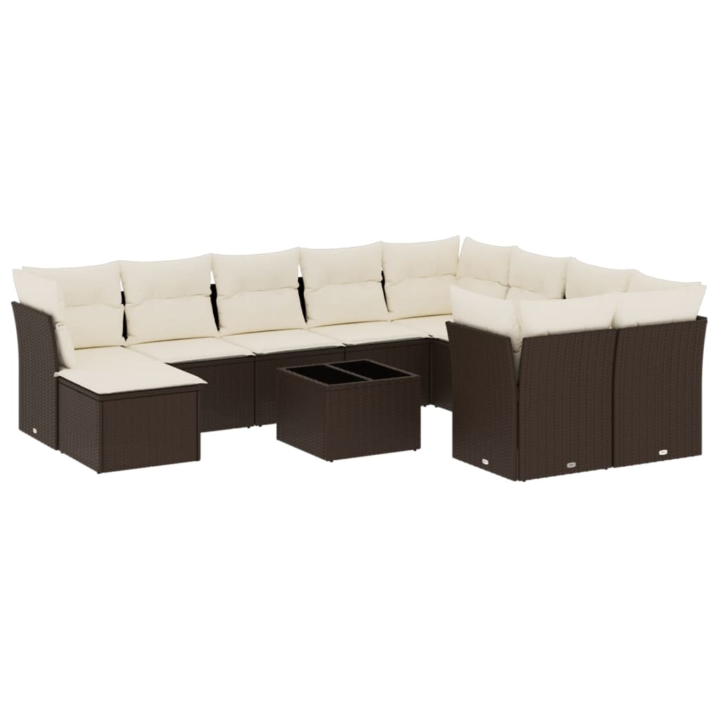 11-tlg. Garten-Sofagarnitur mit Kissen Braun Poly Rattan