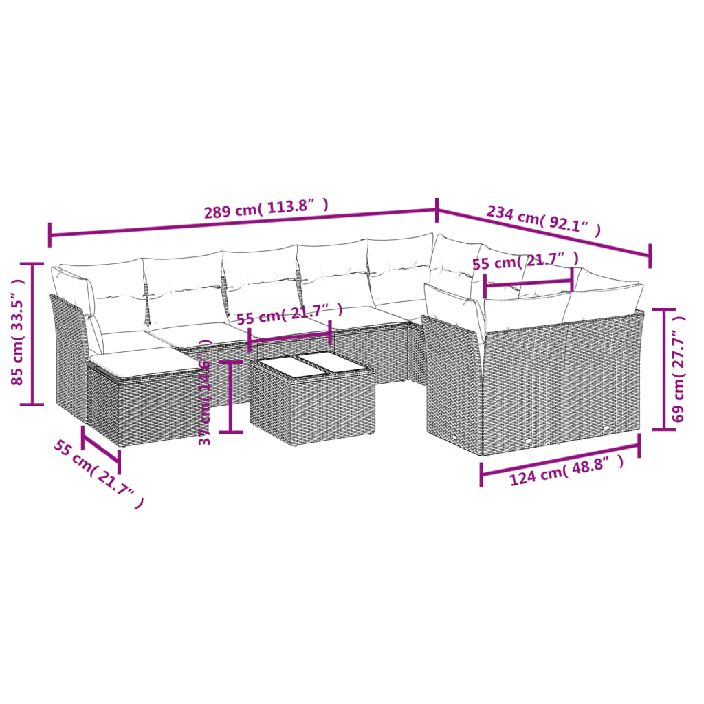 11-tlg. Garten-Sofagarnitur mit Kissen Braun Poly Rattan