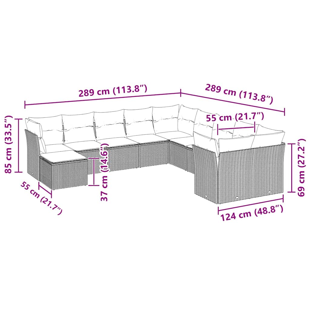 11-tlg. Garten-Sofagarnitur mit Kissen Hellgrau Poly Rattan