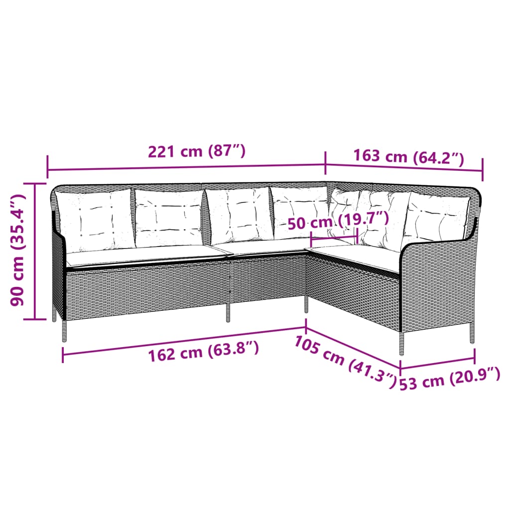 Gartensofa mit Kissen L-förmig Braun Polyrattan