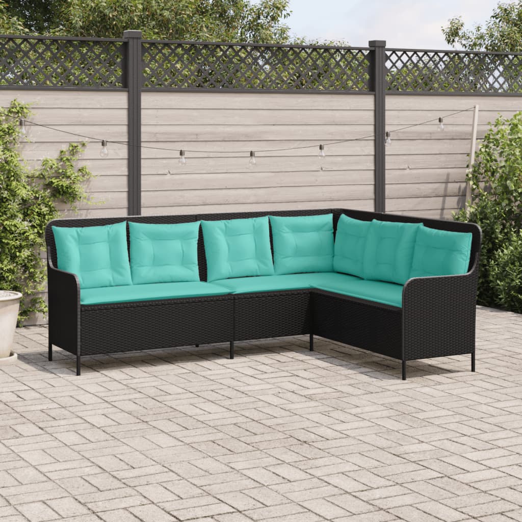 Gartensofa mit Kissen L-förmig Schwarz Polyrattan
