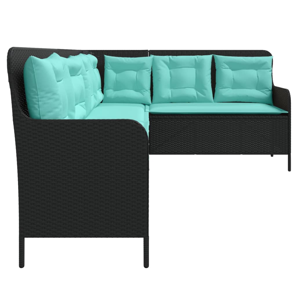 Gartensofa mit Kissen L-förmig Schwarz Polyrattan
