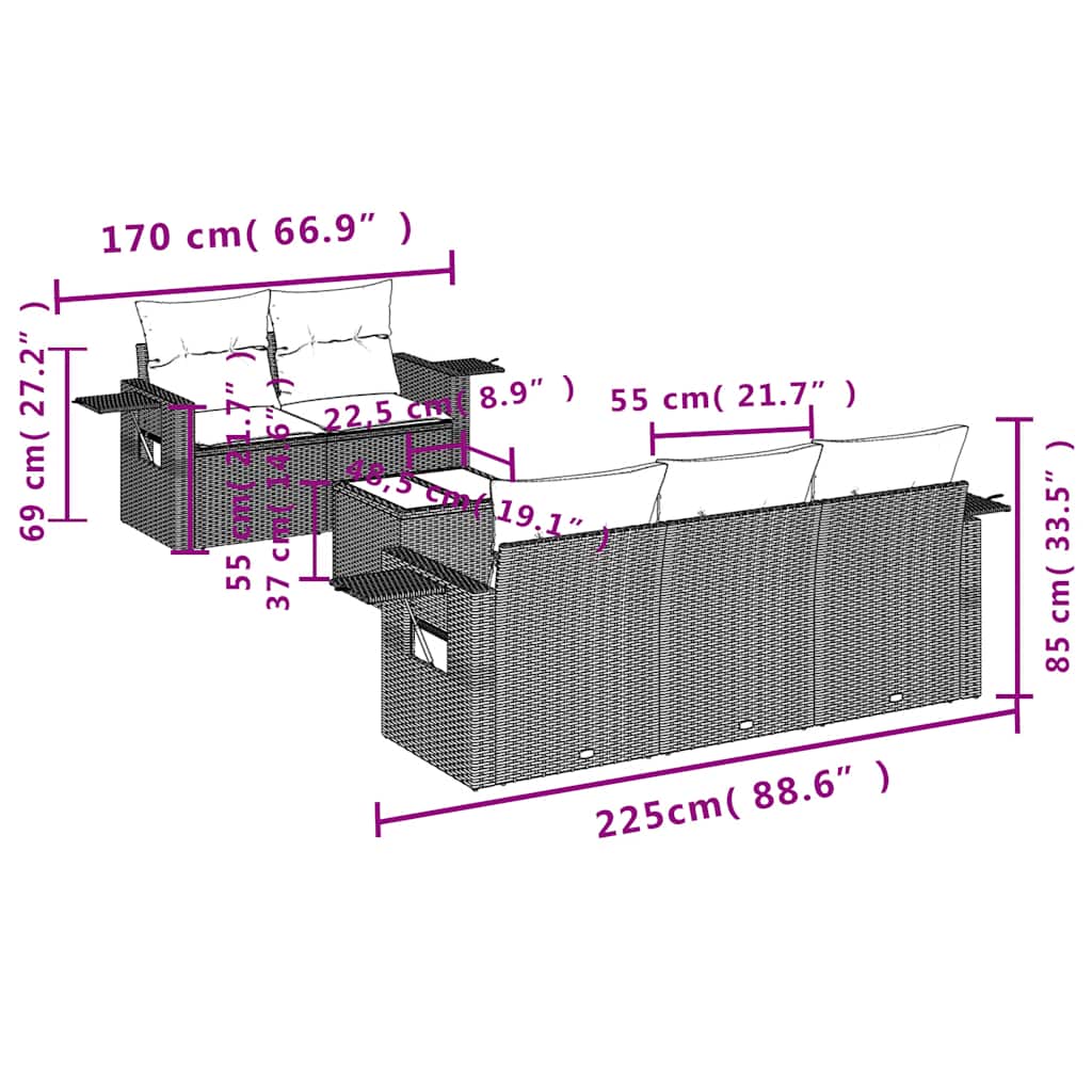 6-teiliges Gartensofa-Set mit Kissen, grau, Polyrattan
