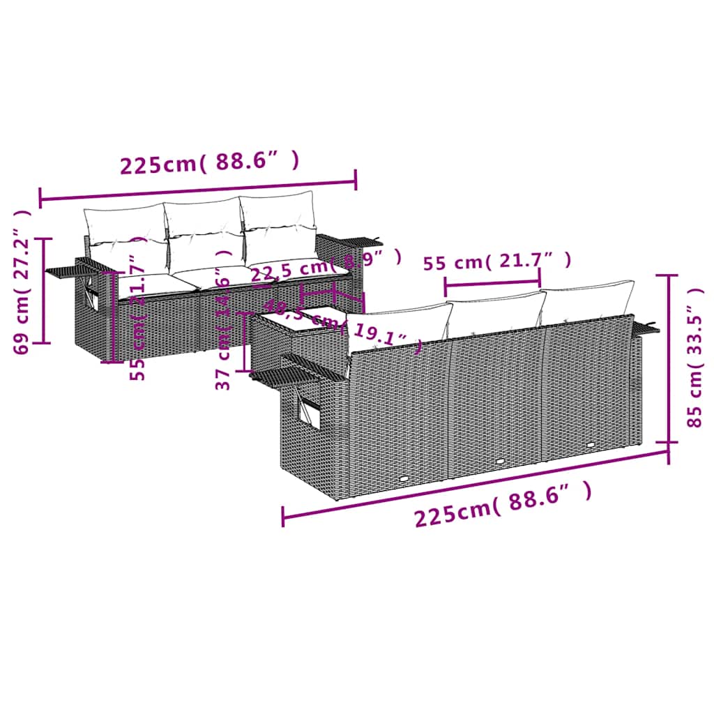 7-tlg. Garten-Sofagarnitur mit Kissen Schwarz Poly Rattan