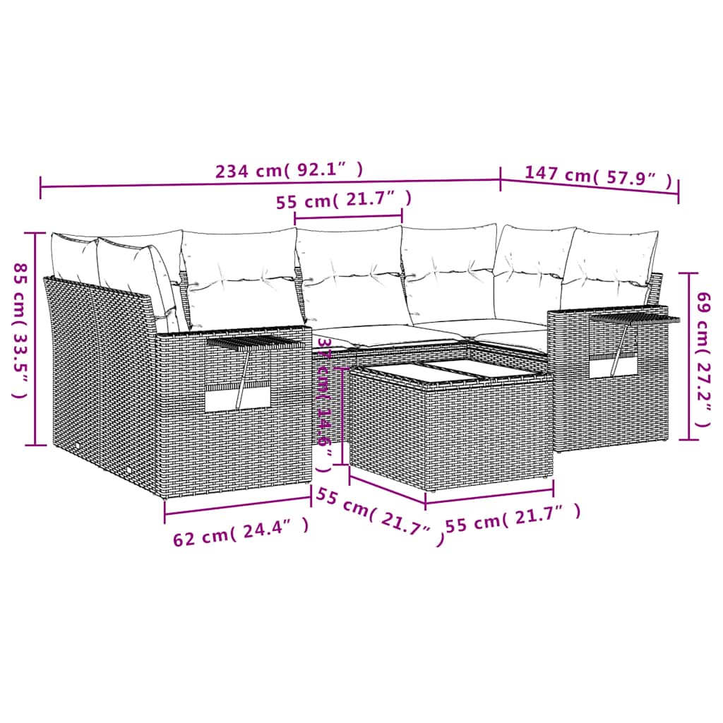 7-teiliges Gartensofa-Set mit Kissen, grau, Polyrattan