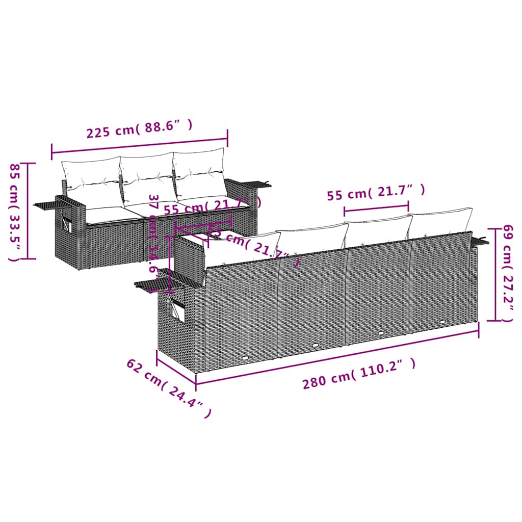 8-teiliges Gartensofa-Set mit Kissen, braun, Polyrattan