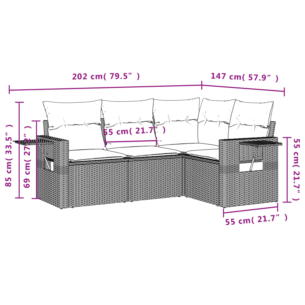 4-teiliges Gartensofa-Set mit Kissen, braun, Polyrattan