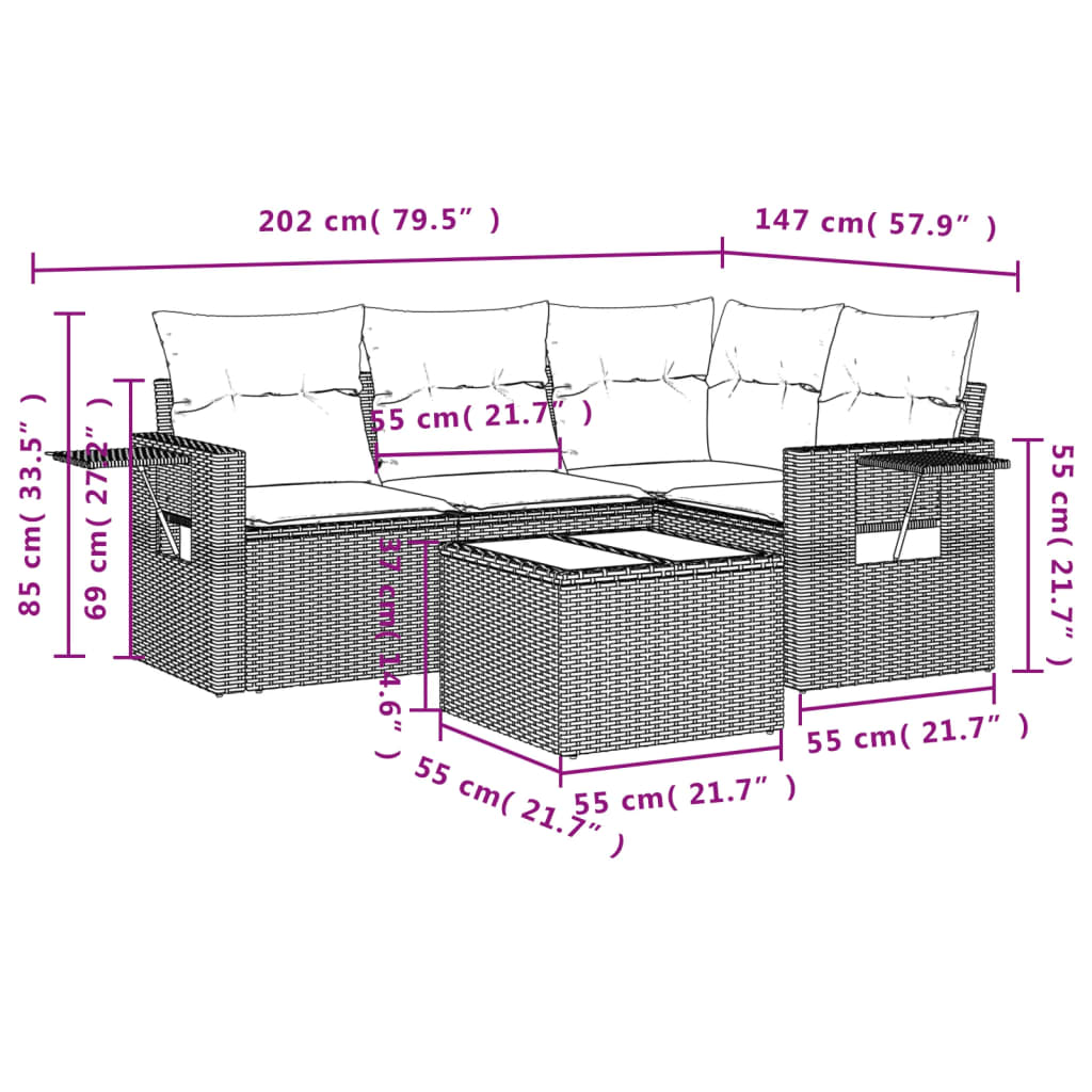 5-teiliges Gartensofa-Set mit Kissen, schwarzes Polyrattan