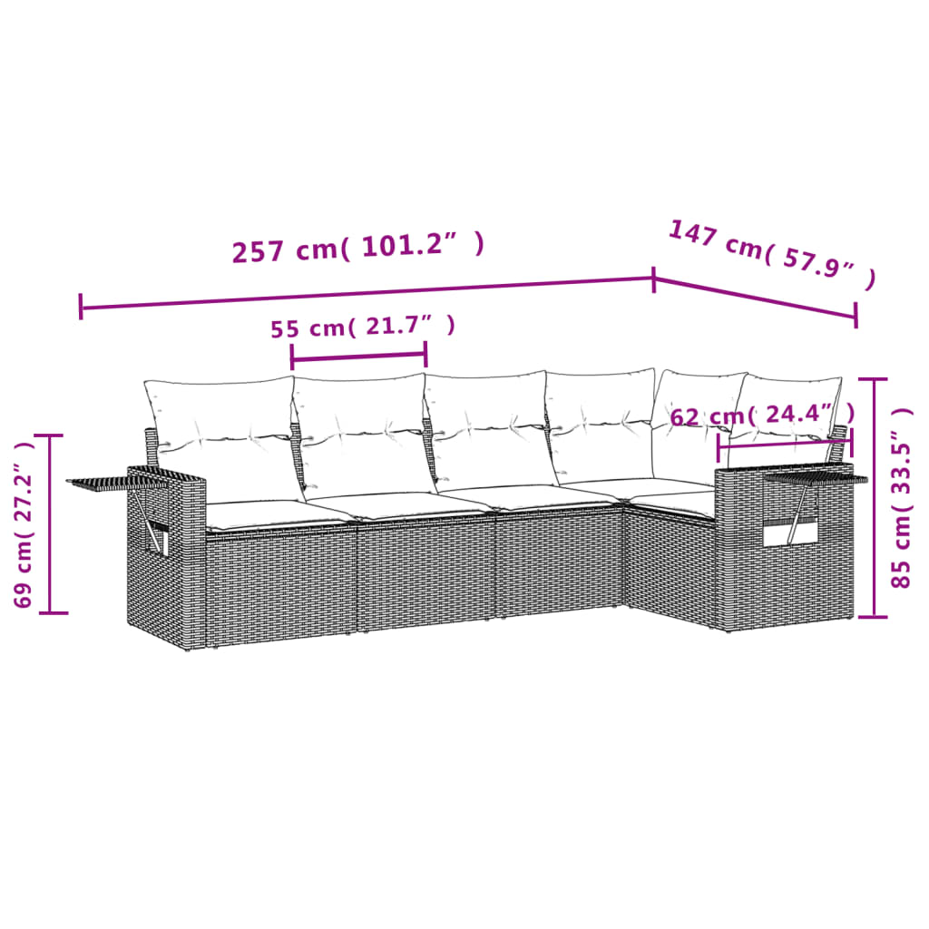 5-teiliges Gartensofa-Set mit Kissen, braun, Polyrattan