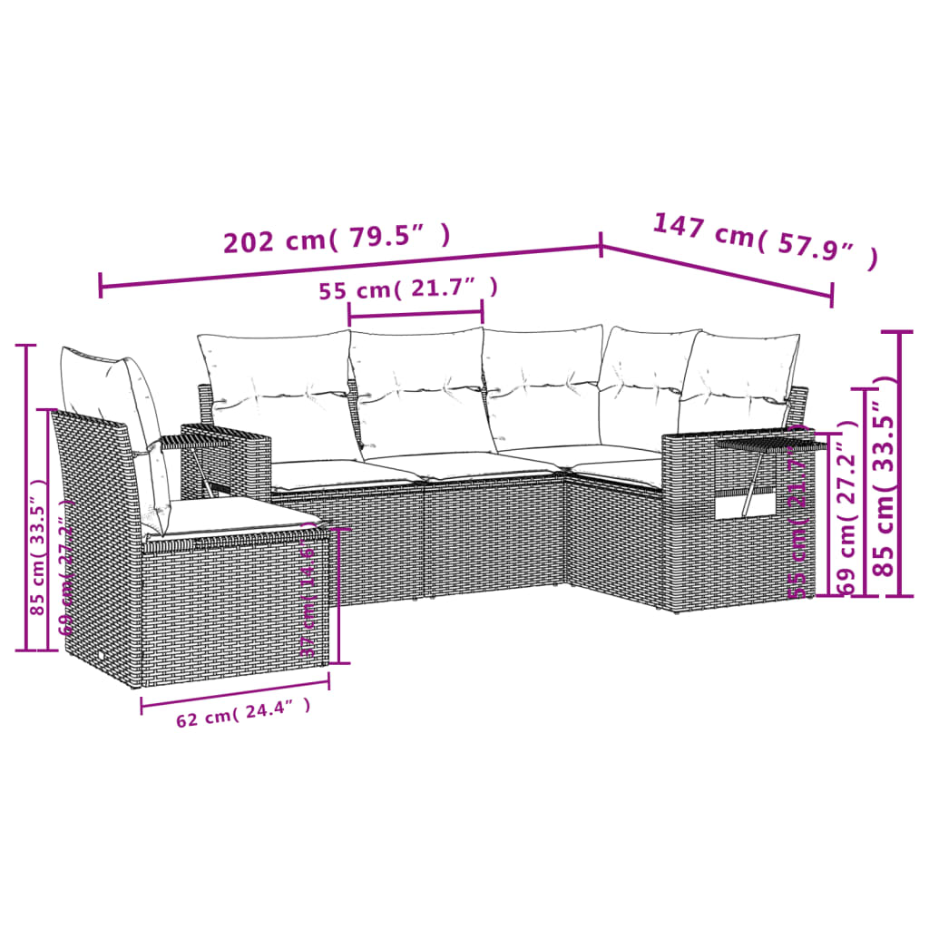 5-teiliges Gartensofa-Set mit Kissen, grau, Polyrattan