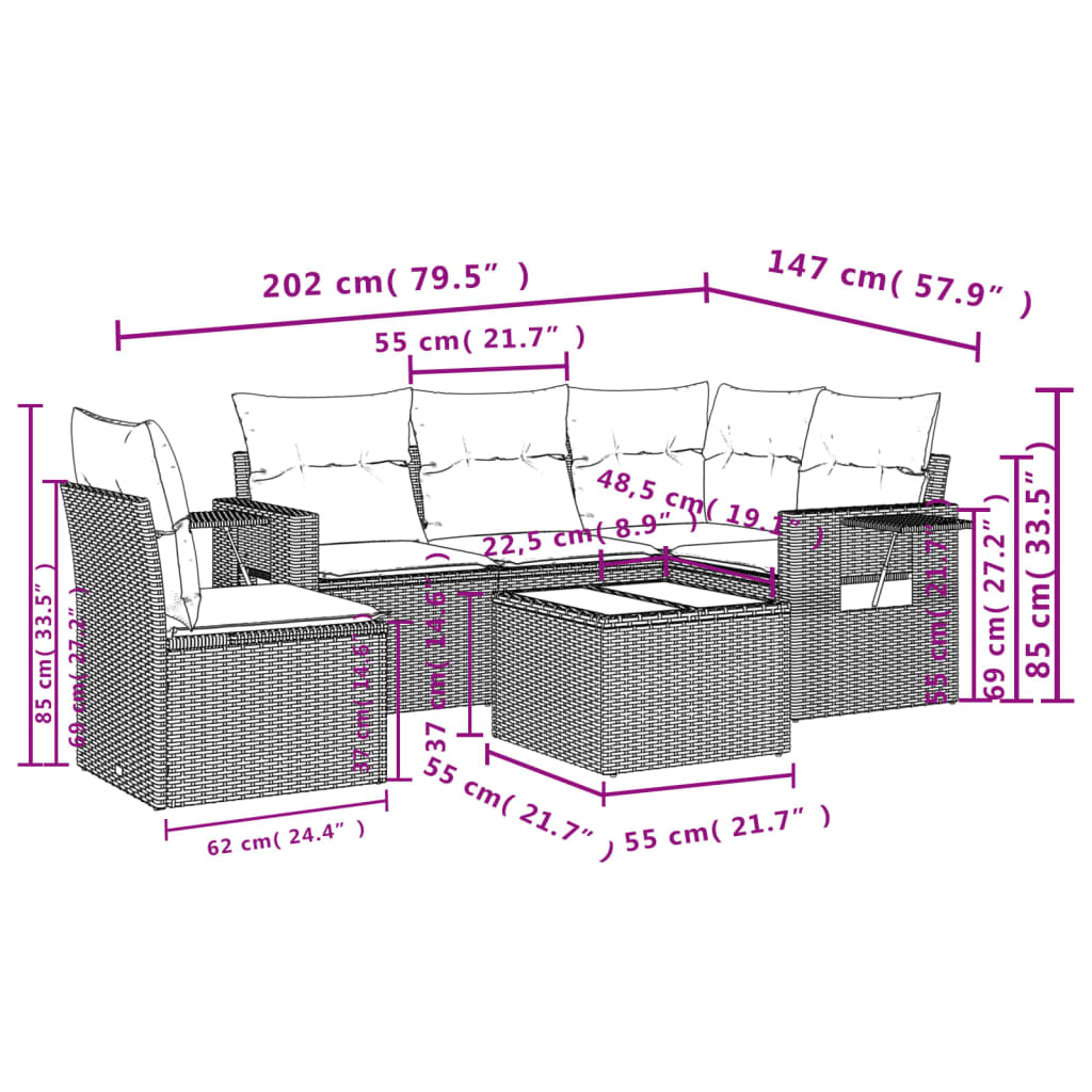 6-teiliges Gartensofa-Set mit Kissen, grau, Polyrattan