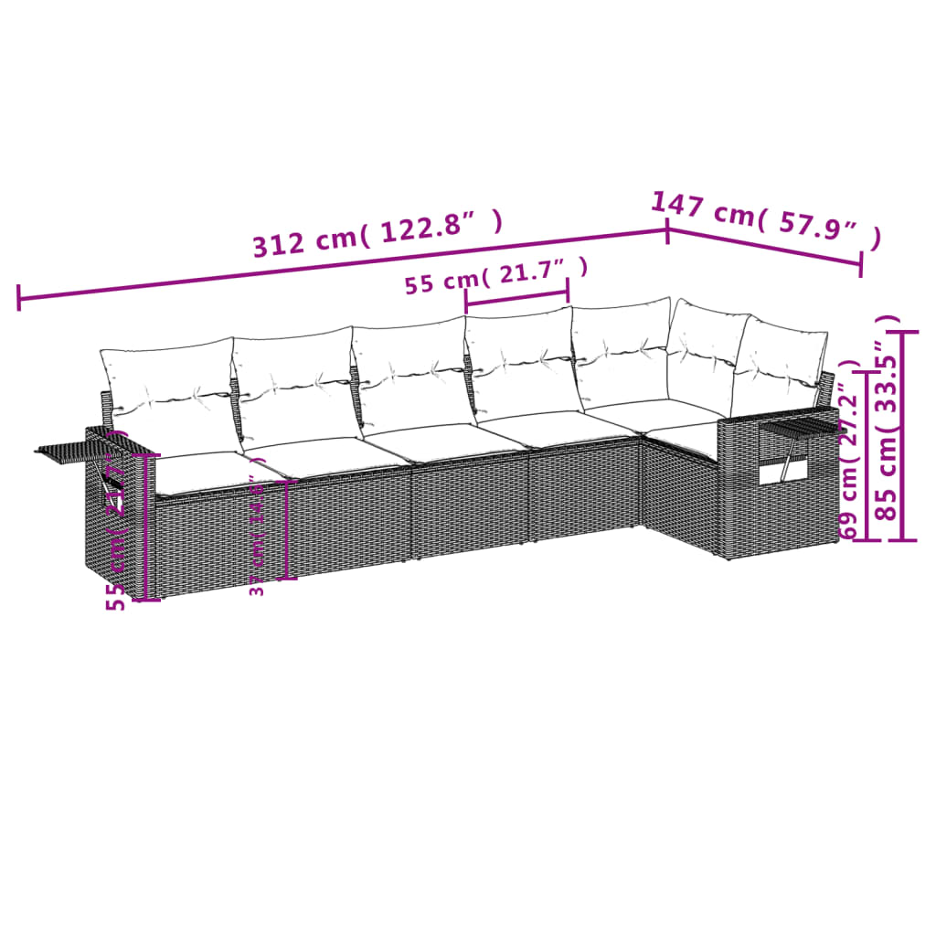 6-teiliges Gartensofa-Set mit Kissen, braun, Polyrattan