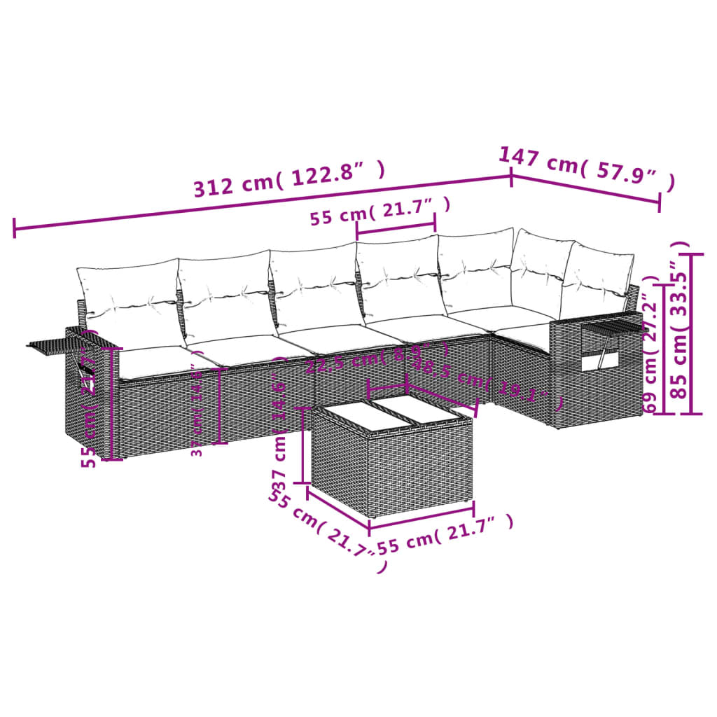 7-teiliges Gartensofa-Set mit Kissen, grau, Polyrattan