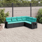 6-teiliges Gartensofa-Set mit Kissen, schwarzes Polyrattan