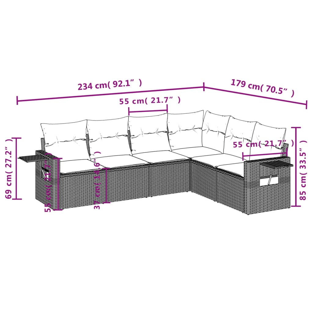 6-tlg. Garten-Sofagarnitur mit Kissen Grau Poly Rattan