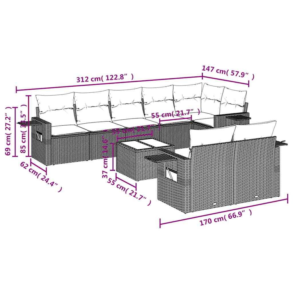 9-tlg. Garten-Sofagarnitur mit Kissen Hellgrau Poly Rattan