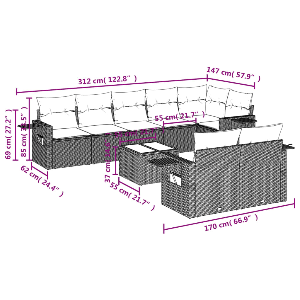 9-tlg. Garten-Sofagarnitur mit Kissen Braun Poly Rattan