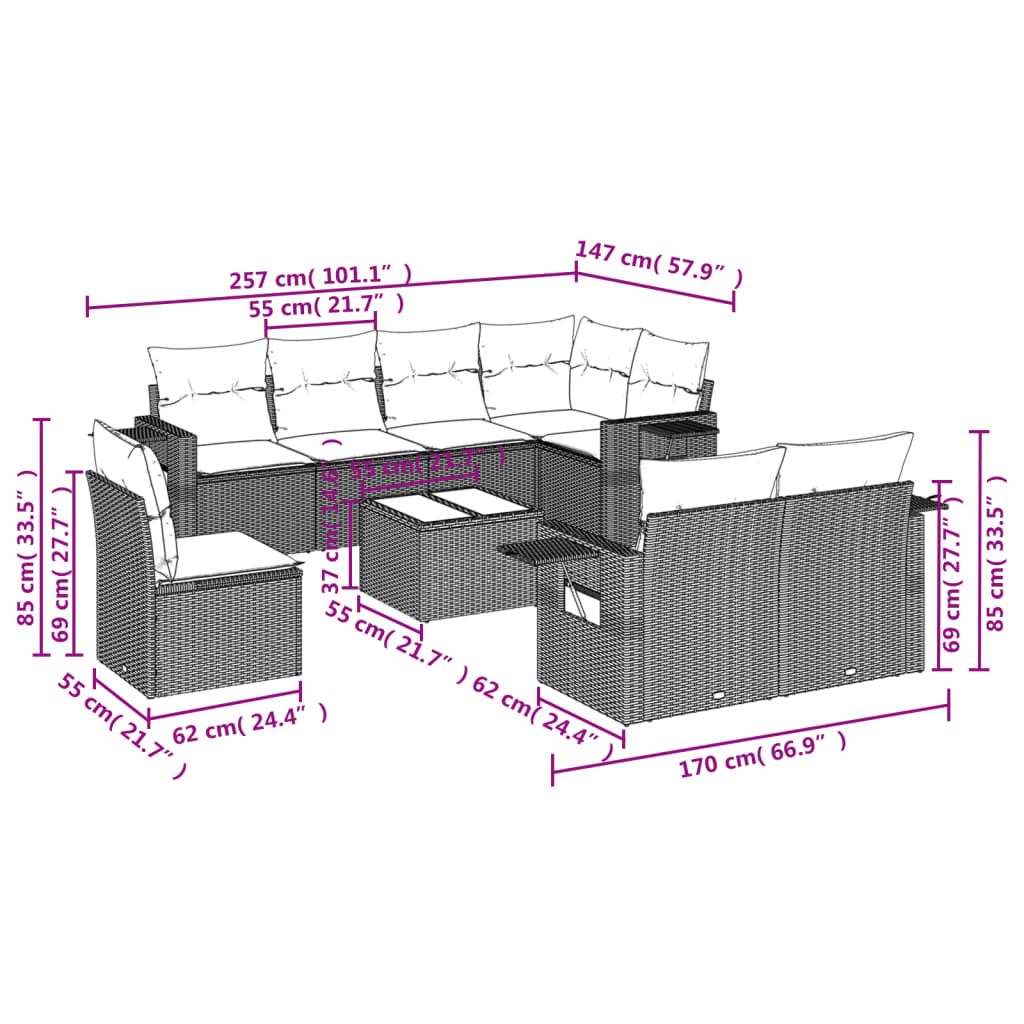 9-teiliges Gartensofa-Set mit Kissen, grau, Polyrattan