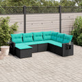7-teiliges Gartensofa-Set mit Kissen, schwarzes Polyrattan