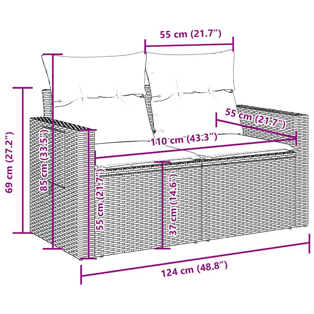 9-tlg. Garten-Sofagarnitur mit Kissen Braun Poly Rattan