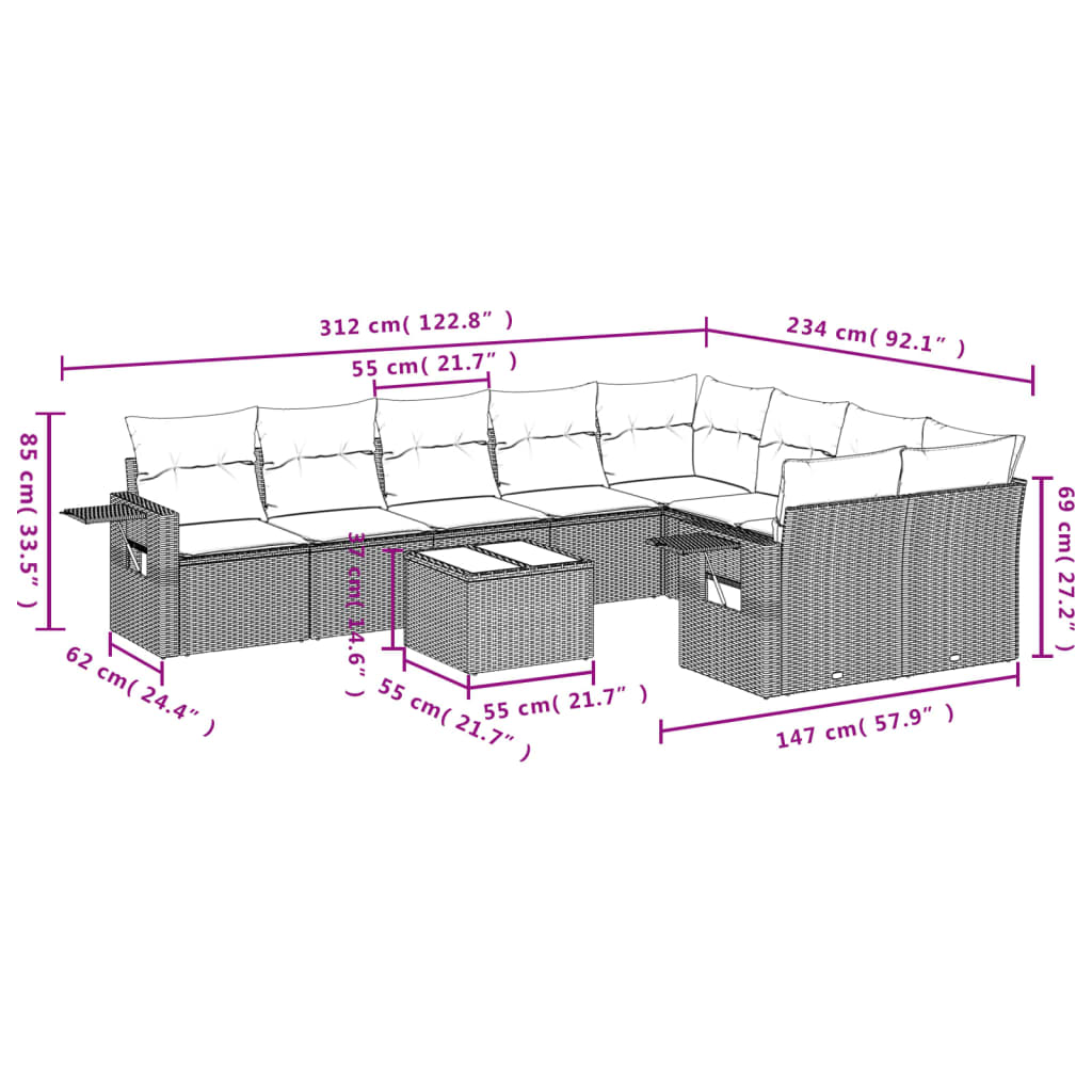 10-teiliges Gartensofa-Set mit Kissen, braun, Polyrattan