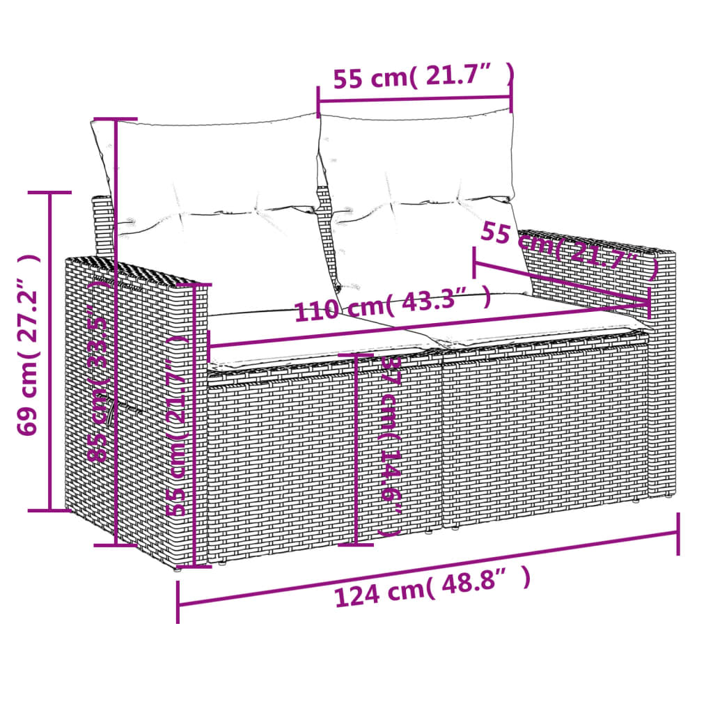 10-teiliges Gartensofa-Set mit Kissen, schwarzes Polyrattan